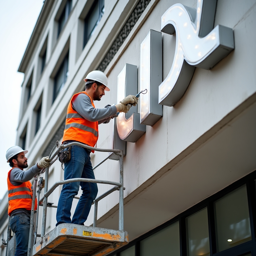 Монтаж вывески на фасаде здания в Бишкеке